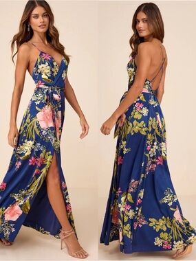 NWT Lulu’s Still the One Blue Floral Print Satin Maxi Dress Extra Small Chic